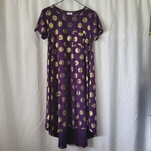 LuLaRoe Dress Purple w/Gold Medallions XS stretchy Simply Comfortable Hi-Low hem